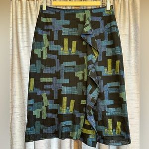 Toupy Vintage French Asymmetrical Geometric Midi Skirt XS - Black Blue & Green